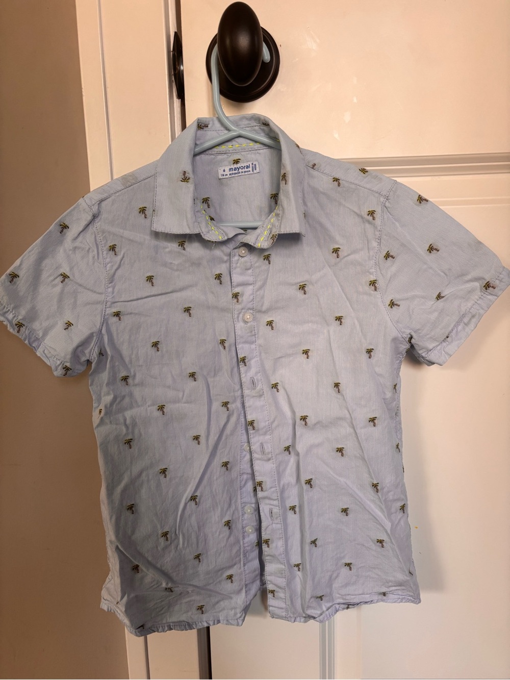 Mayoral Light Blue Short Sleeve Button-Up with Palm Motif
